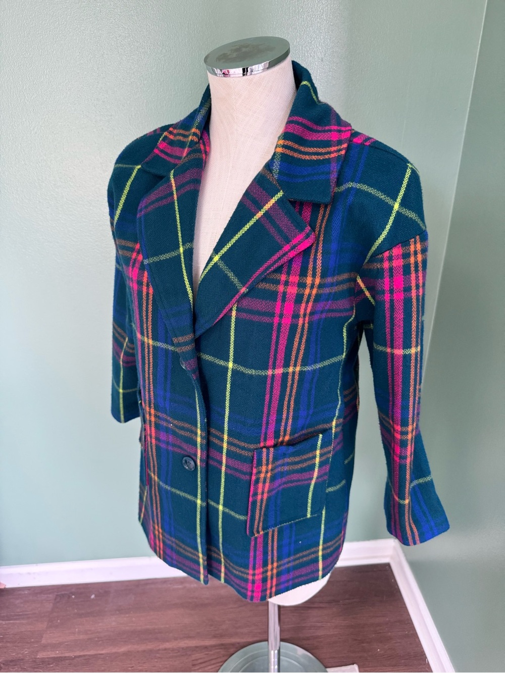Vintage Girls Plaid Green Mixed-Color Jacket